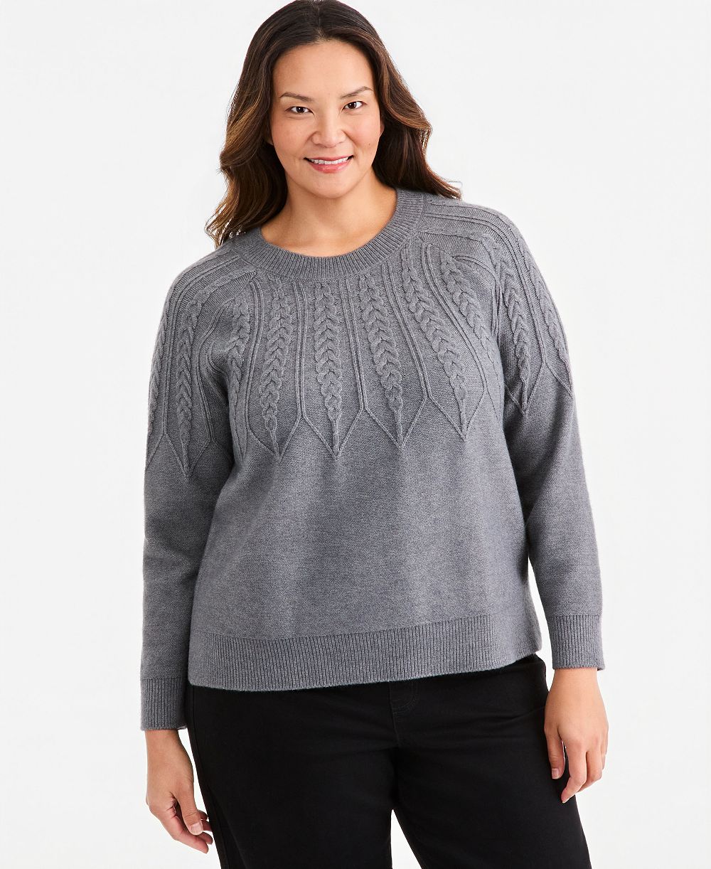 Style & Co Plus Size  Crewneck Cable-Knit Sweater, Macy's Exclusive