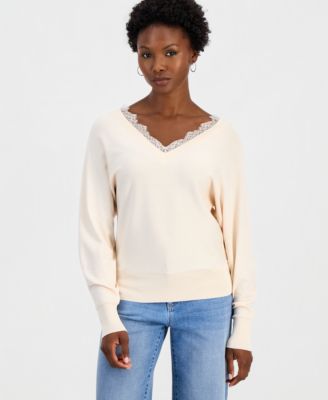 I.N.C. International Concepts Petite Lace Trim Double V Neck Dolman Long-Sleeve Viscose-Blend Sweater, Macy's Exclusive