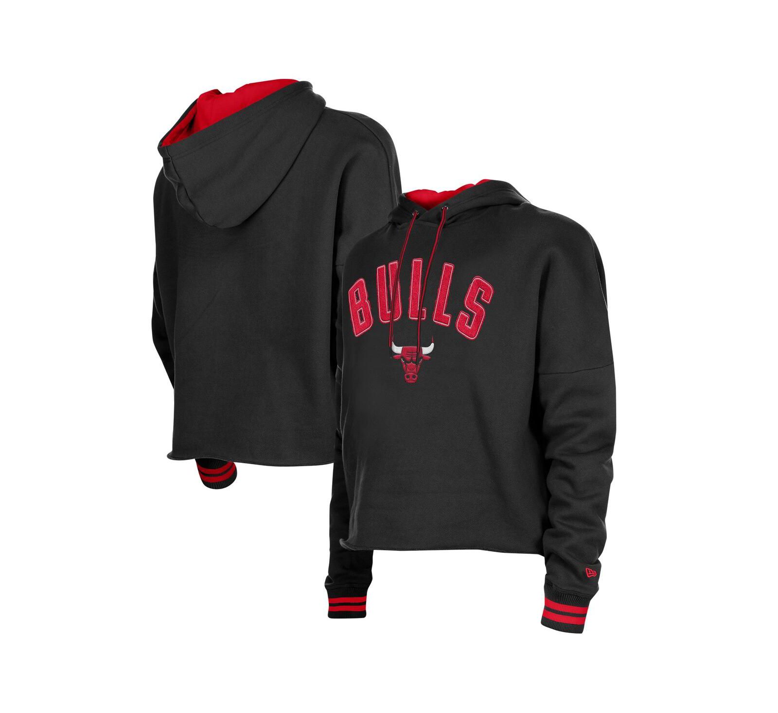 New Era Женский черный боксы худи с необработанным краем с принтом Chicago Bulls