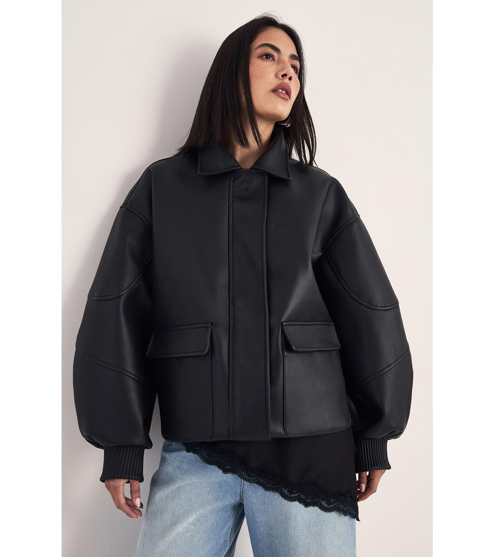 Nasty Gal Women's Longline Faux Leather Bomber Jacket