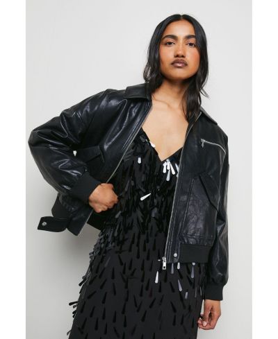Warehouse Women's Faux Leather Distressed Bomber Jacket