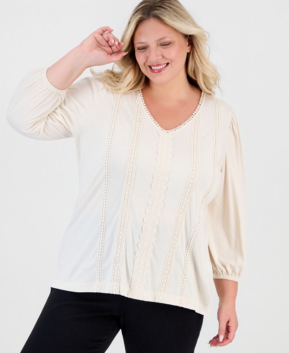 Style & Co Plus Size 3/4-Sleeve V-Neck Embroidery Trim Top, Macy's Exclusive