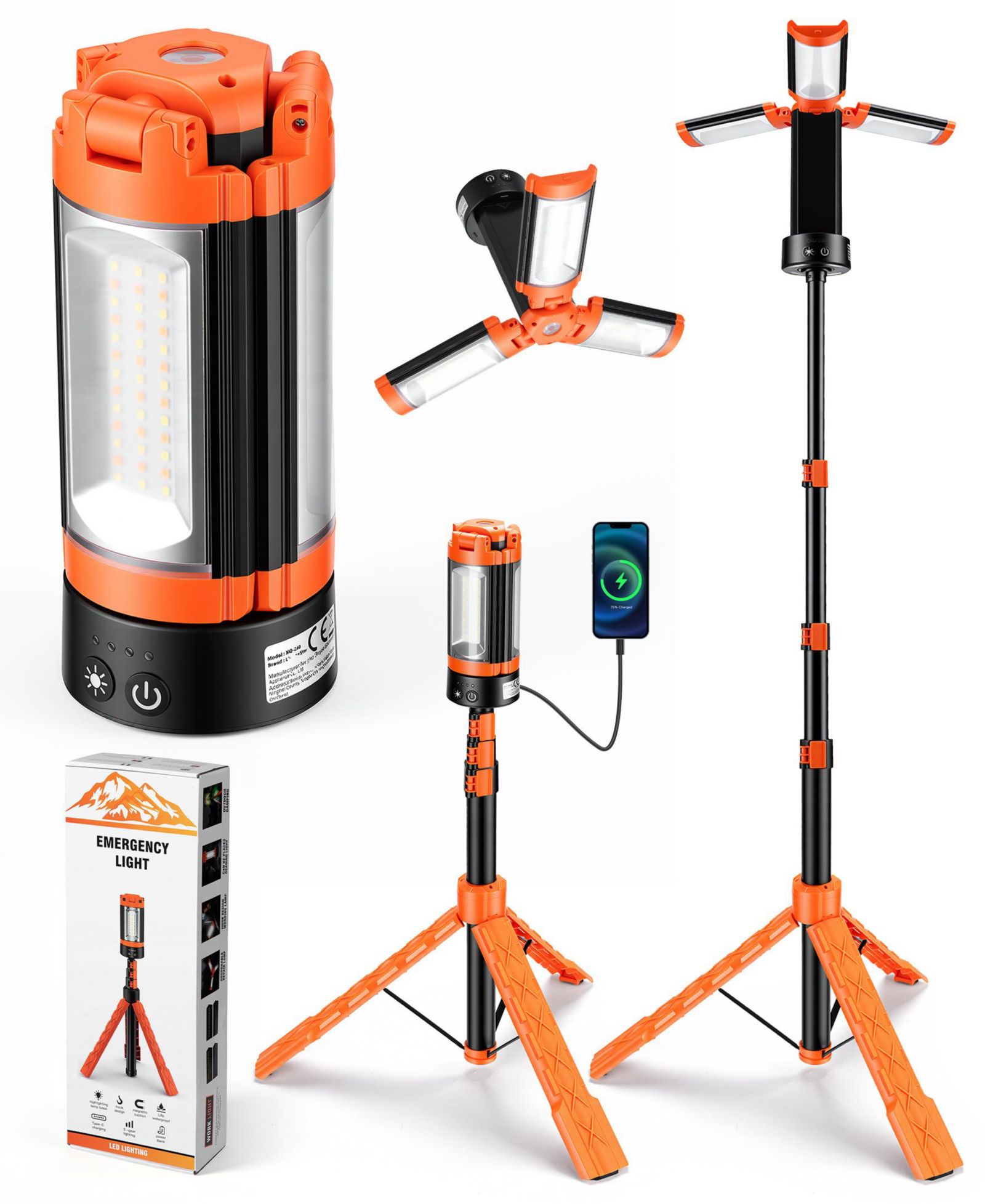 SUGIFT Rechargeable 10000mAh Camping Light Cordless Work Light with Detachable Stand 6.5 ft Max Height, 3 LED Lamp Heads, 2500 Lumens Emergency Flashlight