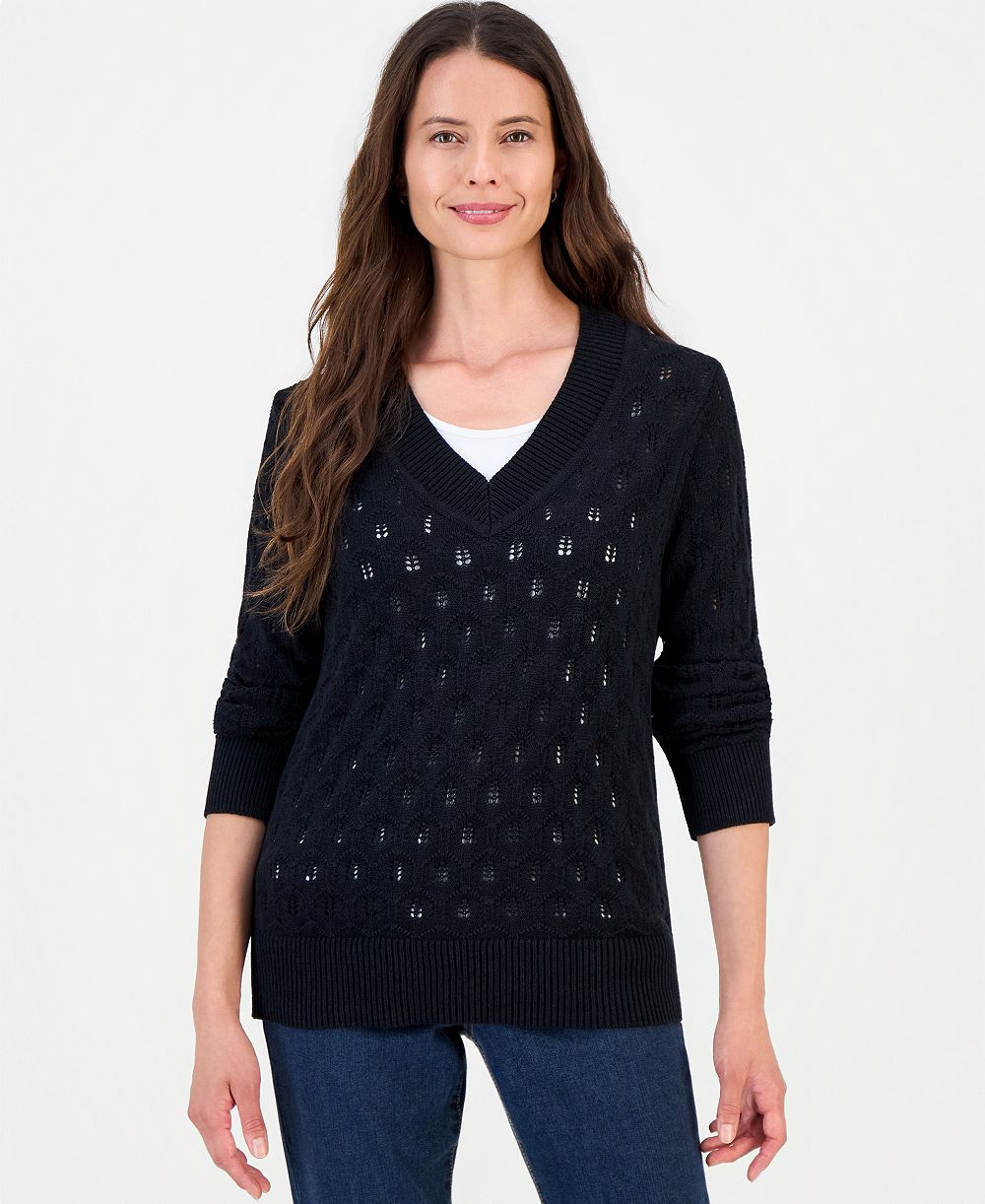 Style & Co Women's V-Neck Cotton Pointelle Sweater, Macy's Exclusive