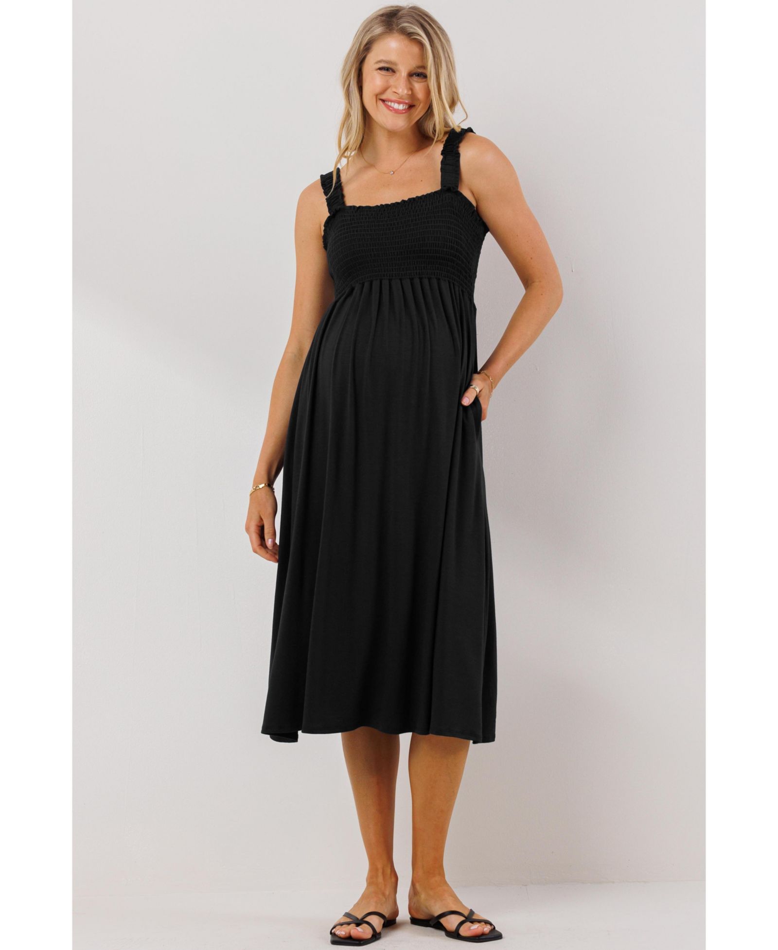 Hello Miz Maternity Smocked Bodice Sleeveless Dress with Ruffle Straps