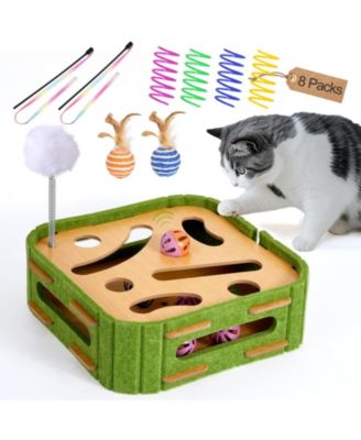 ARONKL Interactive Cat Puzzle Feeder Wooden Toy Set with Jingle Balls Wands Spiral Springs for Indoor Cats