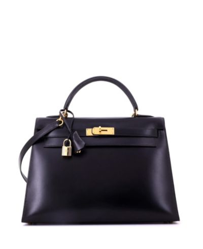 Pre-Owned HERMÉS Kelly 32 Handbag Black Box Calf with Gold Hardware