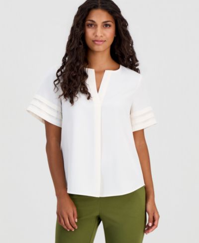 Anne Klein Essentials Petite Топ с плиссированными рукавами и V-образным вырезом