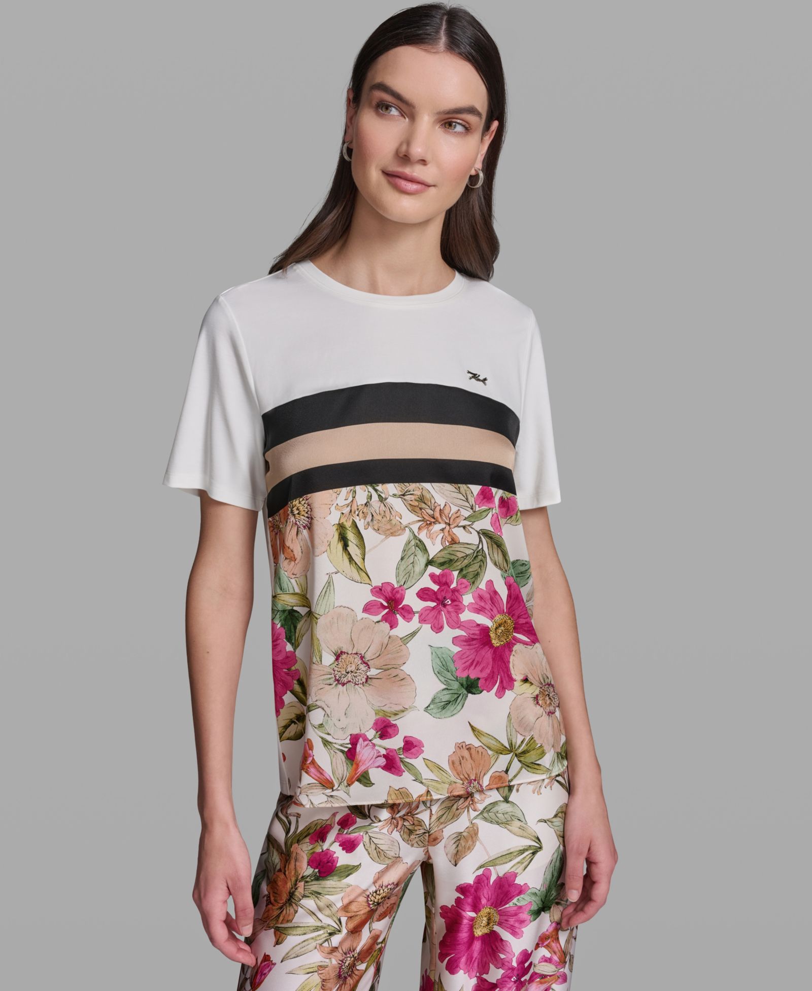 KARL LAGERFELD PARIS Women's Short-Sleeve Mixed Media Print Knit Top