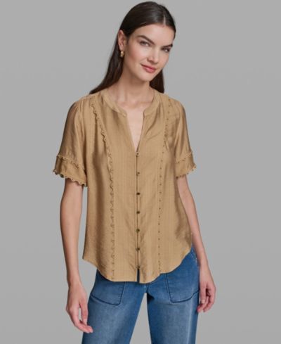 KARL LAGERFELD PARIS Women's Short-Sleeve Nailhead Trim Woven Top