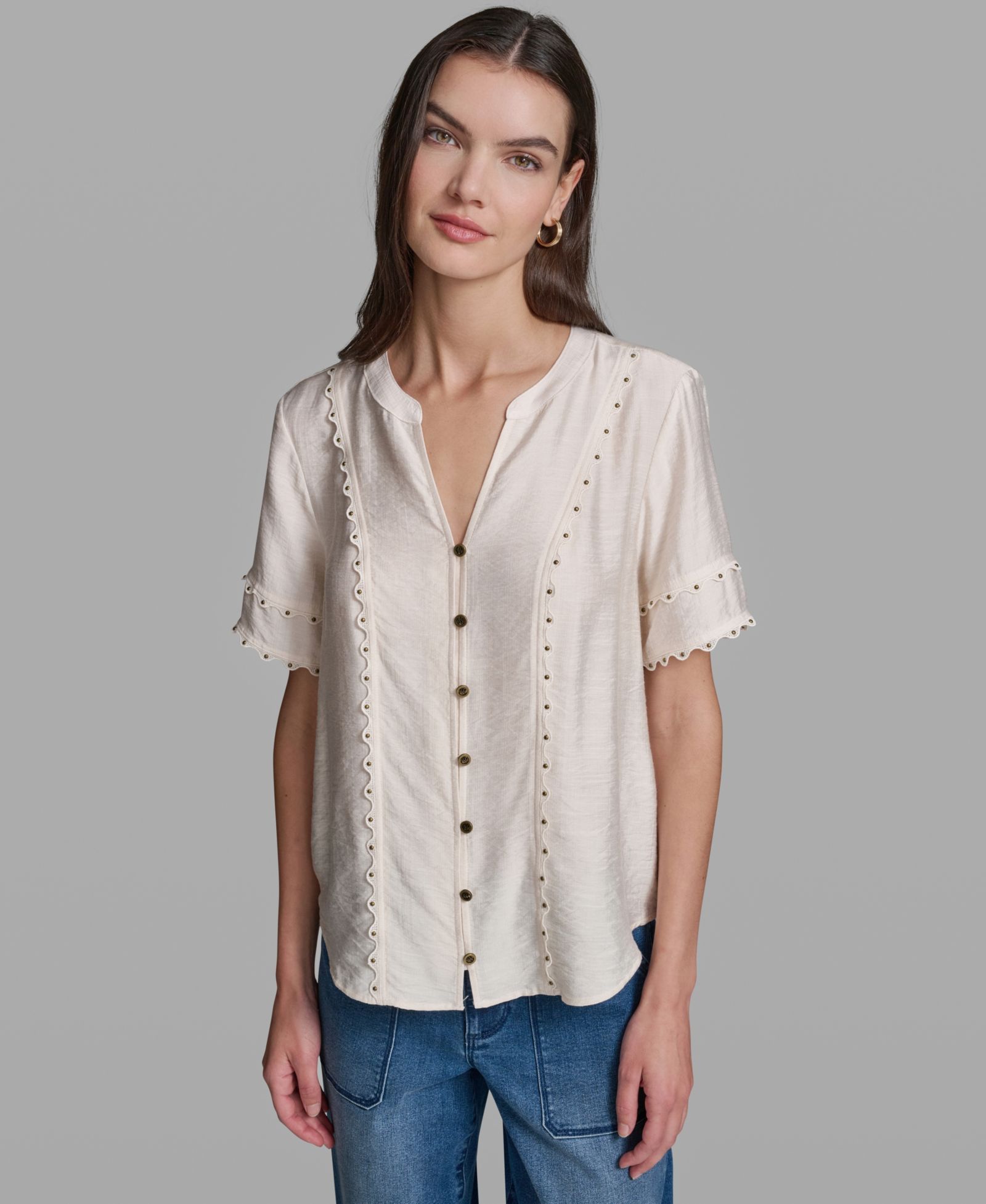 KARL LAGERFELD PARIS Women's Short-Sleeve Nailhead Trim Woven Top