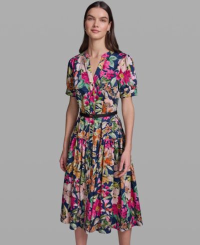 KARL LAGERFELD PARIS Women's Floral Printed V-Neck Belt Dress