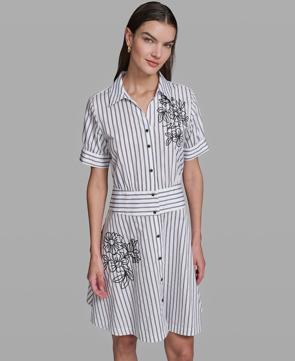 KARL LAGERFELD PARIS Women's Poplin Short-Sleeve Collared Striped Cotton Dress