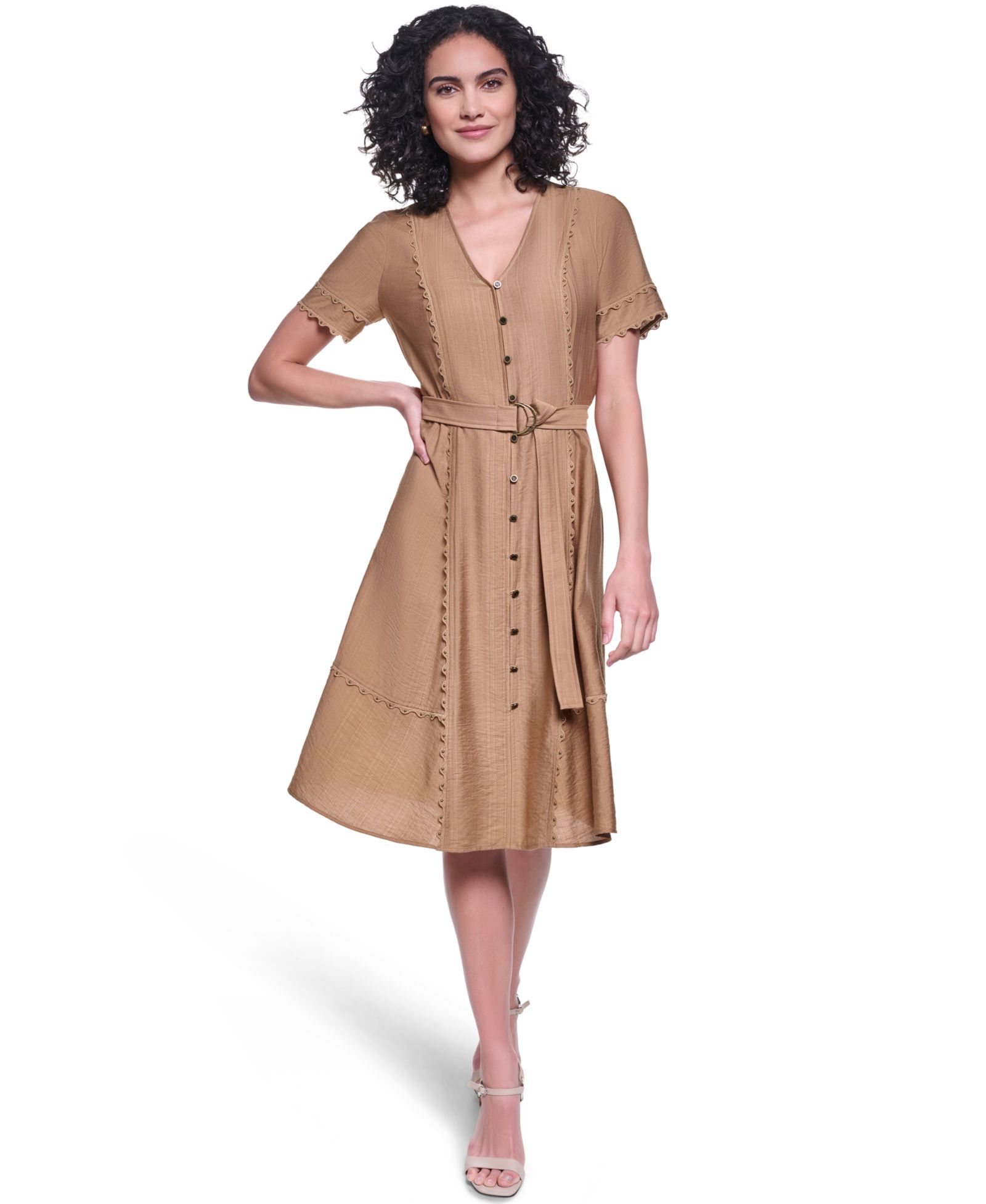 KARL LAGERFELD PARIS Women's Belted Nailhead Trim V-Neck Dress