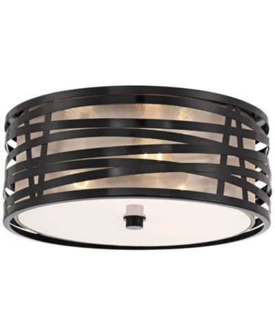 Possini Euro Design Cassia Modern Industrial Ceiling Light Flush Mount Fixture 15" Gloss Black 3-Light Champagne Shade for Bedroom House