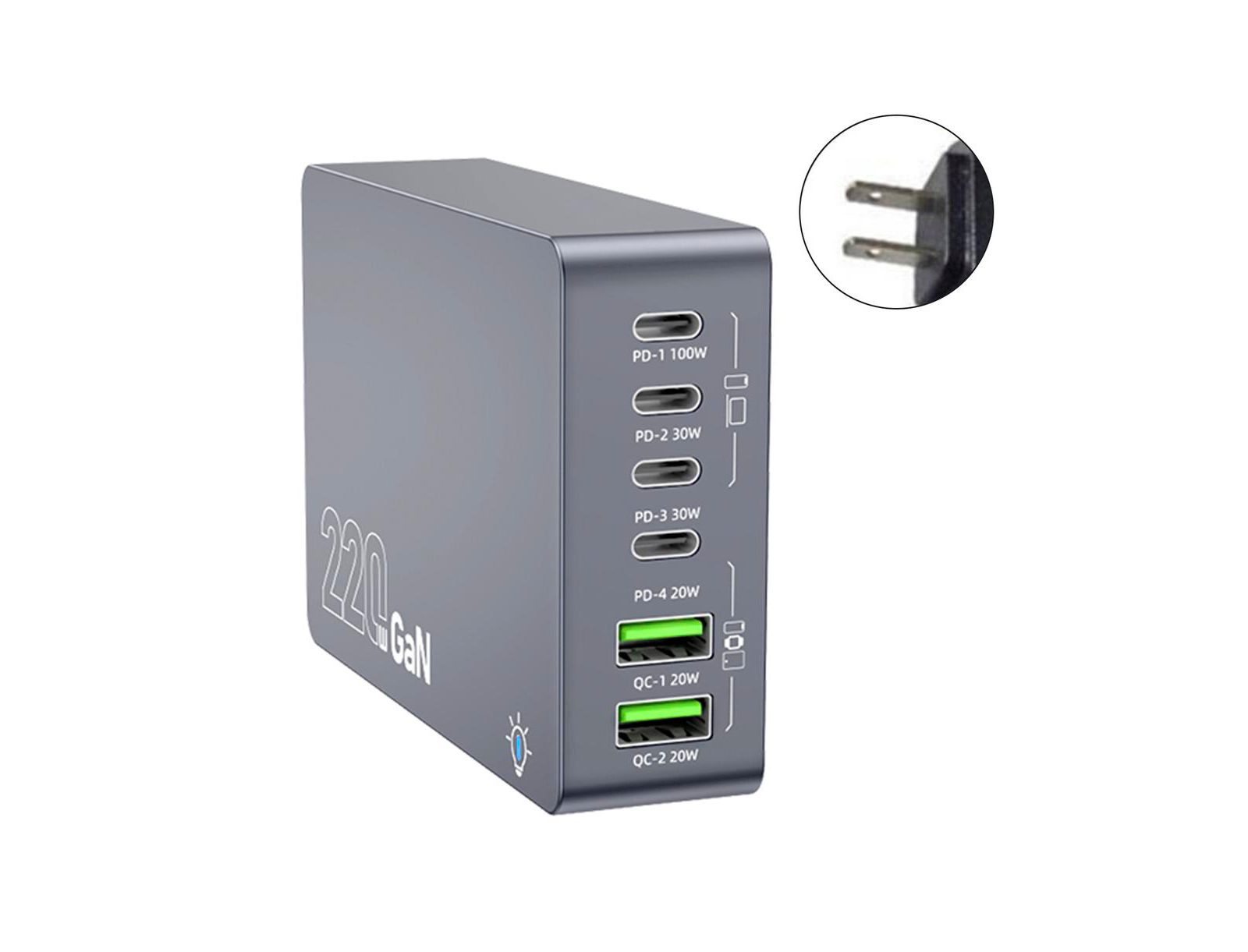 Artudatech 6-Port GaN 220W Fast Charging with PD & QC Desktop Charging Station for Laptops and Phones