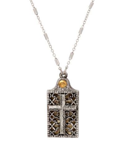 Symbols of Faith Silver Tone "Bless The Name." Rectangle Cross Locket 28" Necklace