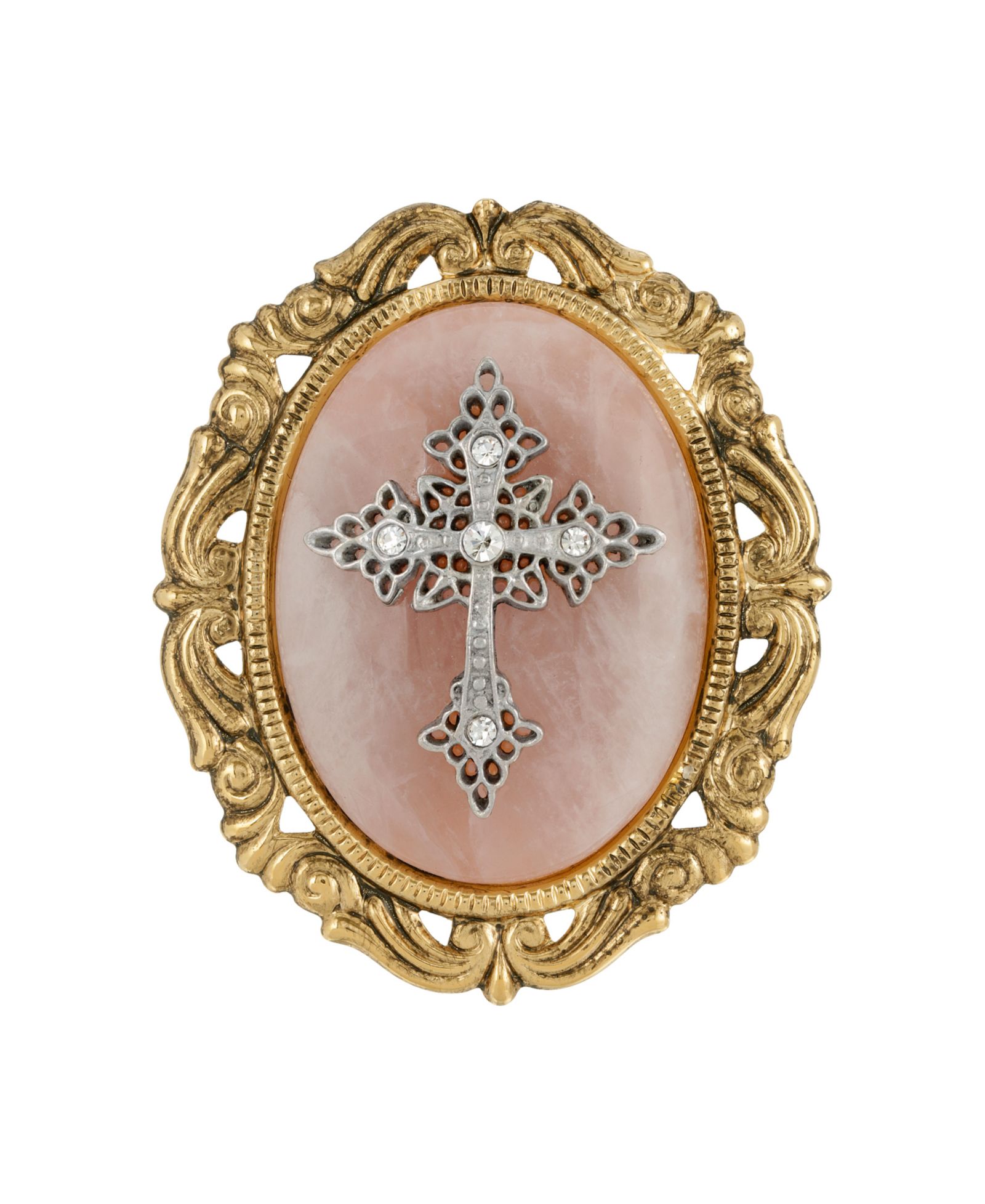 Symbols of Faith 14k Gold Dipped Rose Quartz Oval Brooch