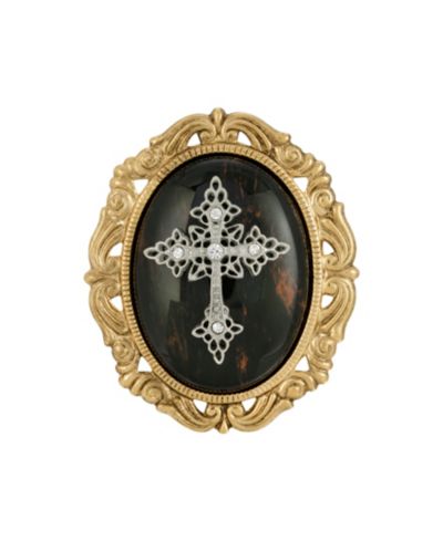 Symbols of Faith 14k Gold Dipped Brown Obsidion Oval Brooch