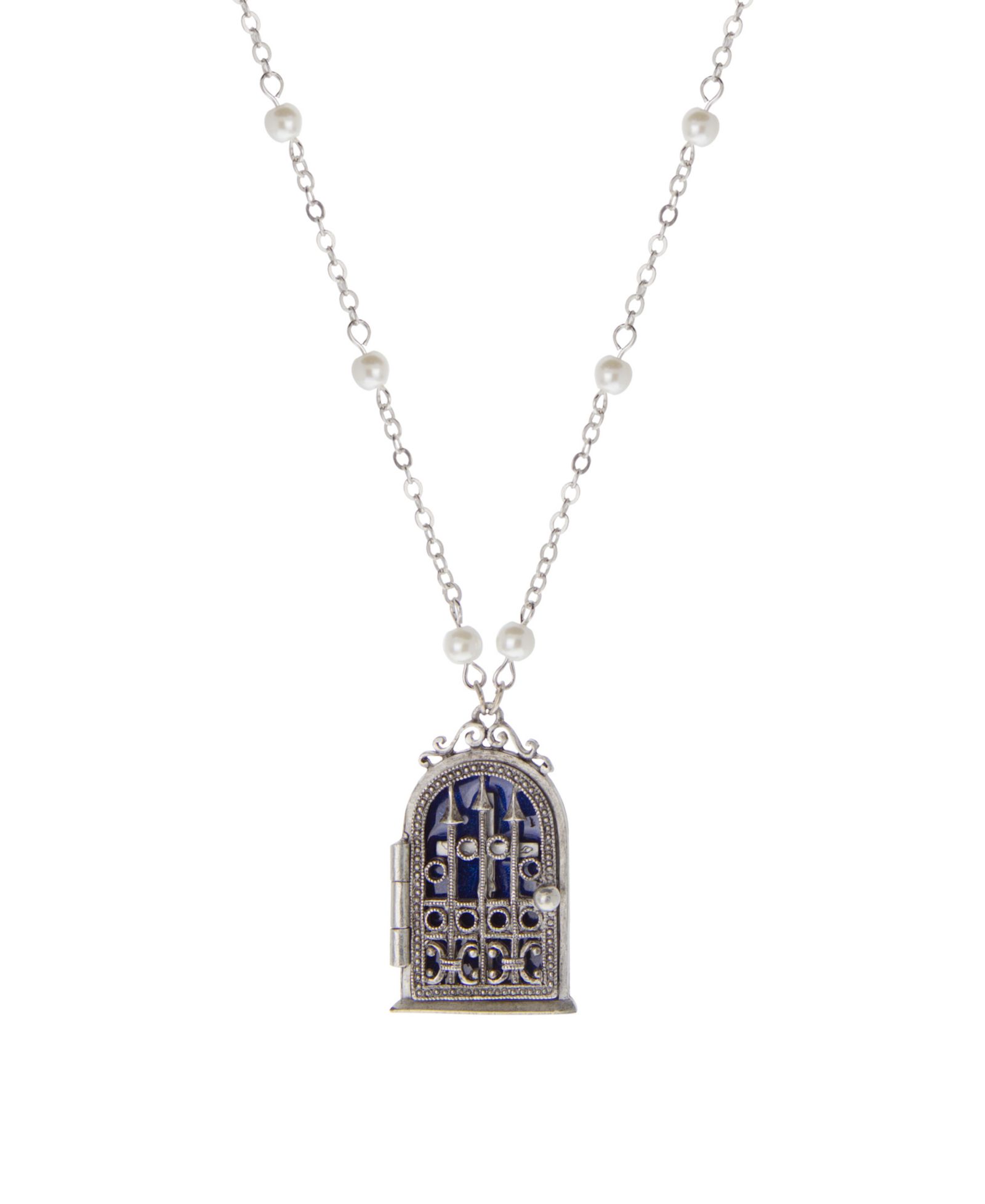 Ожерелье Symbols of Faith Silver Tone Blue Enamel Cross House Locket Faux Pearl