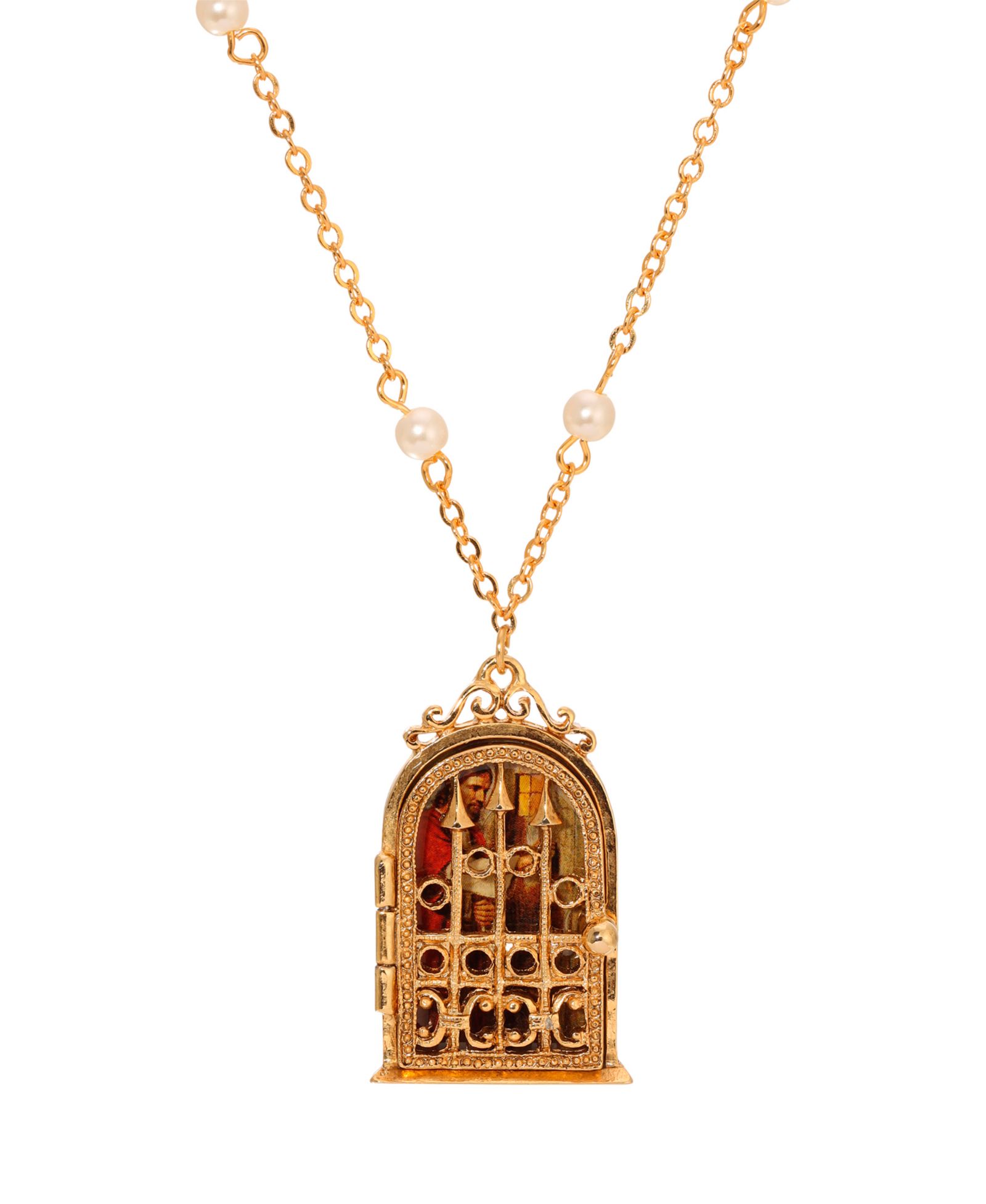 Ожерелье Symbols of Faith Gold Tone Jesus Decal Locket Faux Pearl Chain