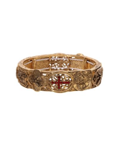 Symbols of Faith Gold Tone with Light Siam Cross Stretch Bracelet
