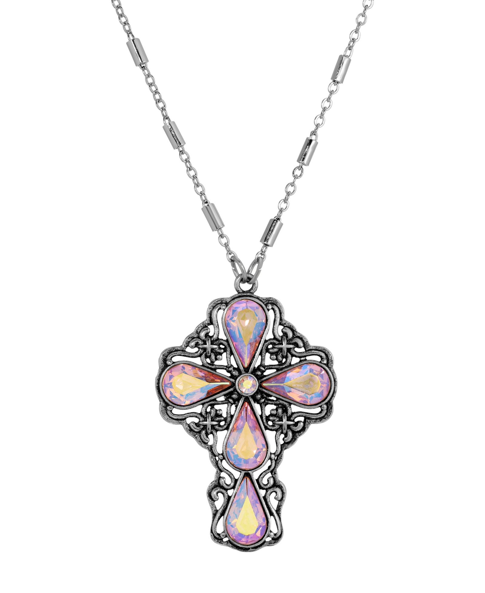 Подвеска-крест Symbols of Faith Silver Pewter Tone AB Topaz Teardrop Crystal 24" Necklace