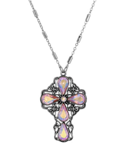 Symbols of Faith Silver Pewter Tone AB Topaz Teardrop Crystal Pendant Cross 24" Necklace