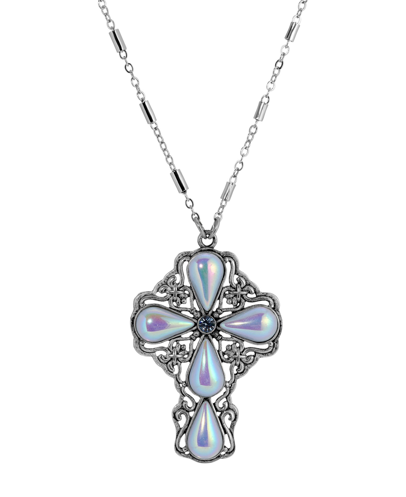 Symbols of Faith Silver Pewter-Tone Blue AB Teardrop Crystal Pendant Cross 24" Necklace