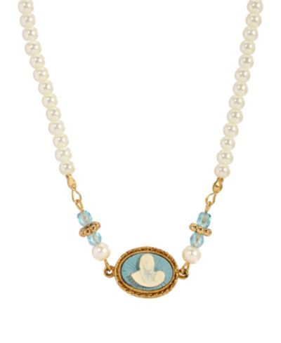 Symbols of Faith Gold-Tone Imitation Pearl Aqua Bead Chain Mary Child Cameo Necklace