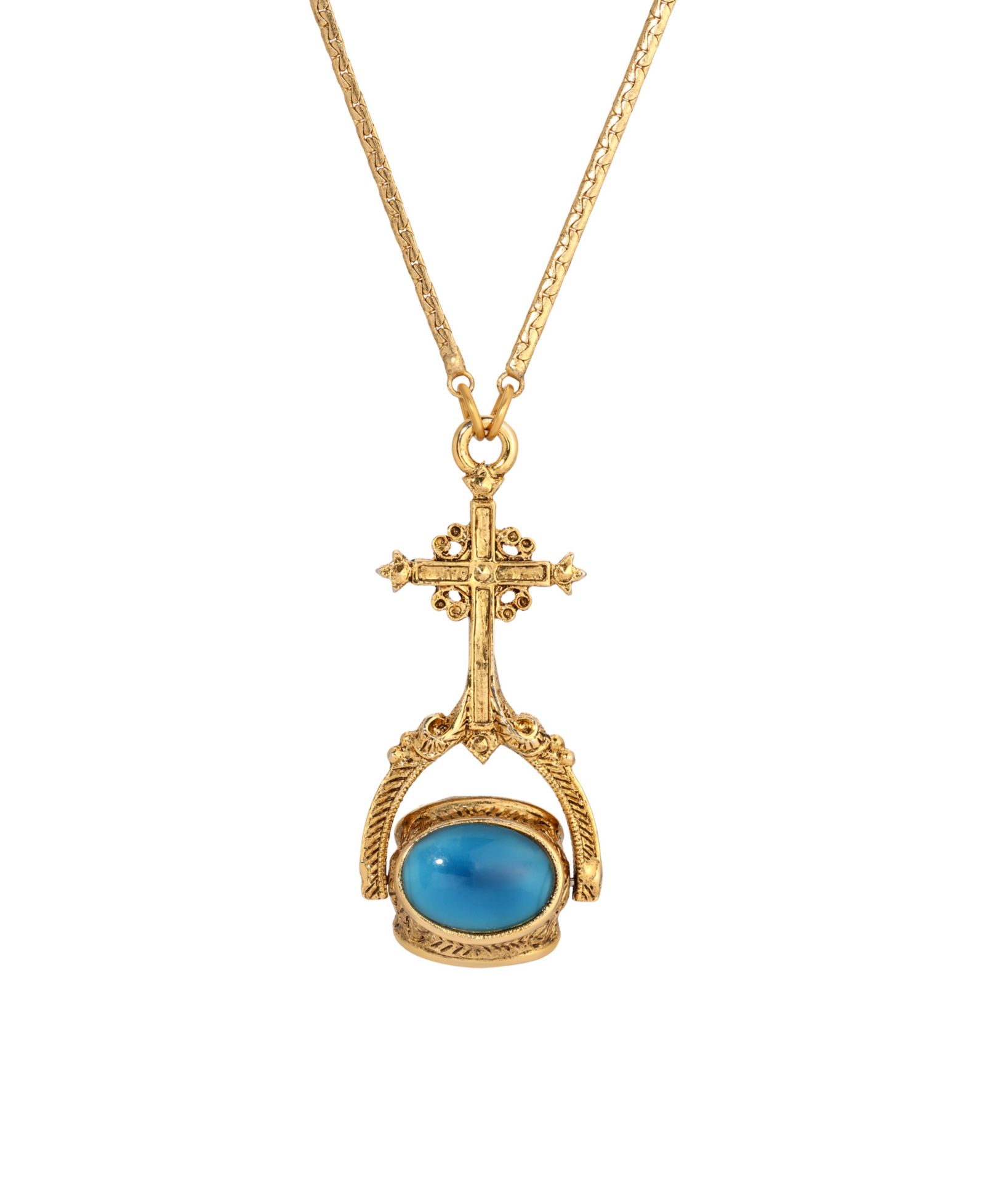 Symbols of Faith 14k Gold Dipped Cross Multi Hue Blue Stones Spinner Necklace