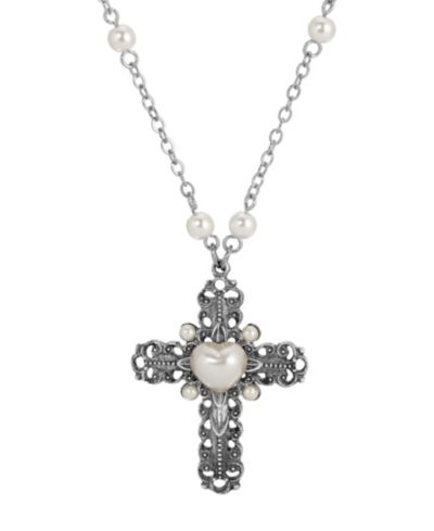 Symbols of Faith Silver-Tone Cross Heart Imitation Pearl 24" Necklace