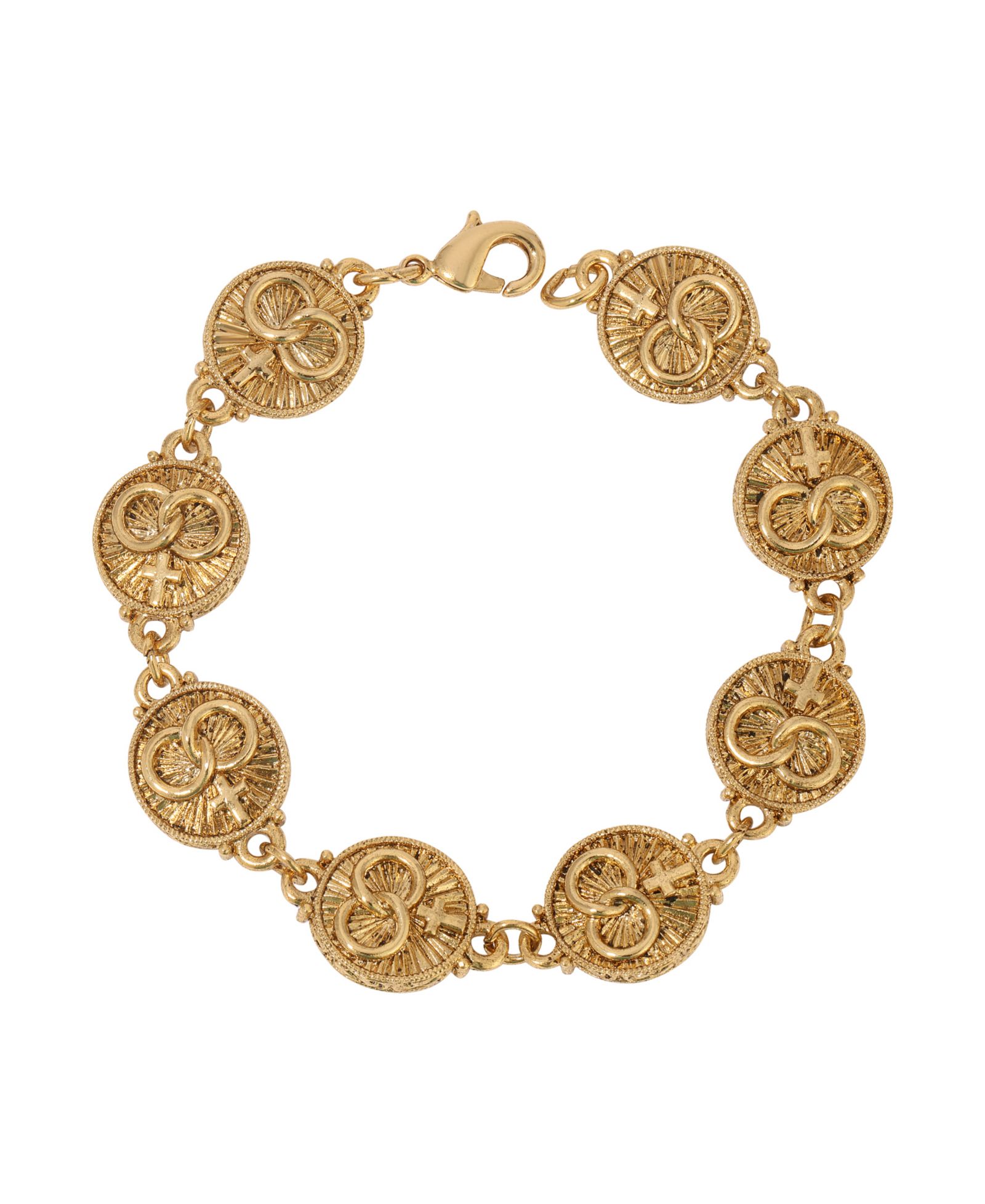 Symbols of Faith Gold-Tone Two Rings and Cross Medallion Wedding Bracelet