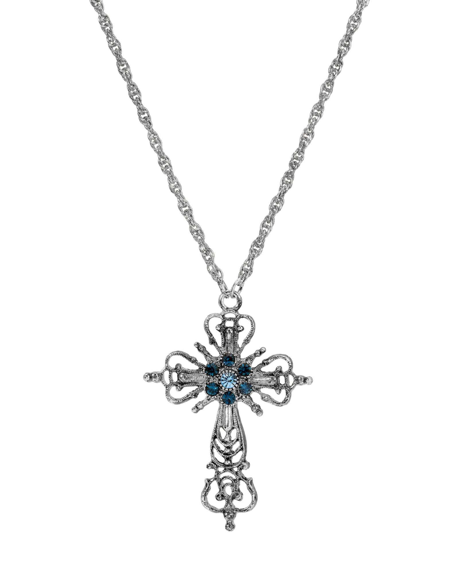 Ожерелье Symbols of Faith Silver-Tone Cross Blue Crystals 30"