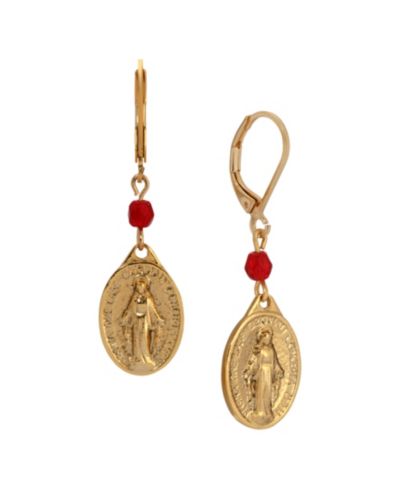Symbols of Faith Gold Tone Oval Miraculous Medal Charm Red Bead Leverback Earrings