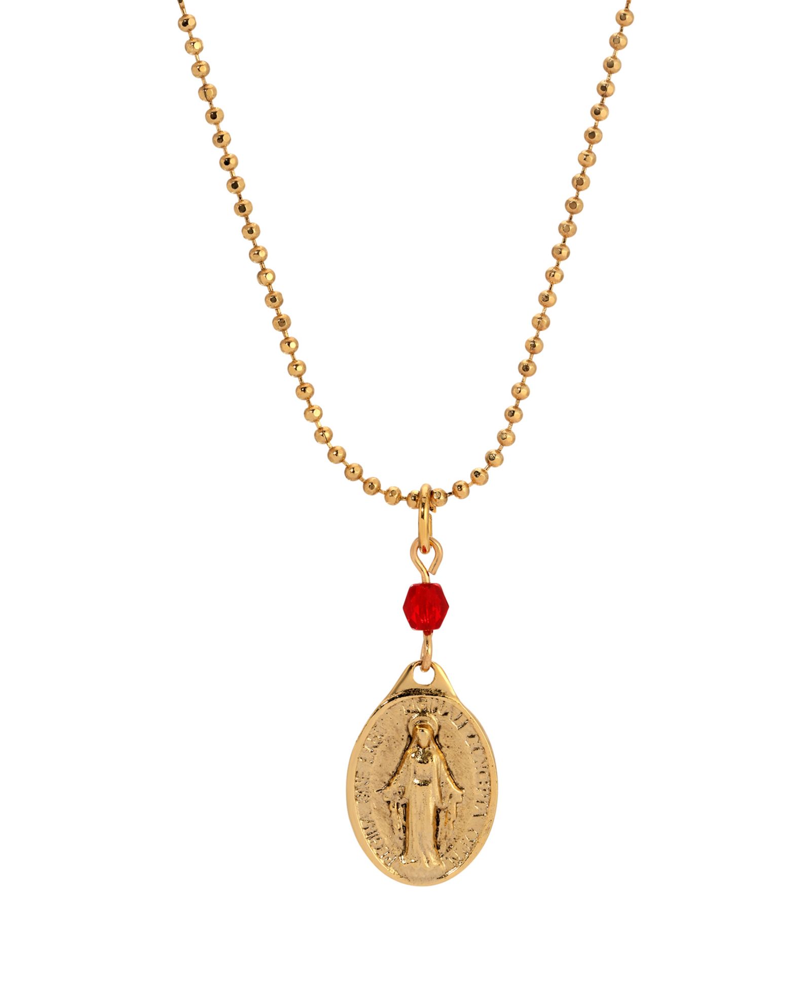 Symbols of Faith Gold-Tone Oval Miraculous Medal Charm Red Bead 16" Necklace