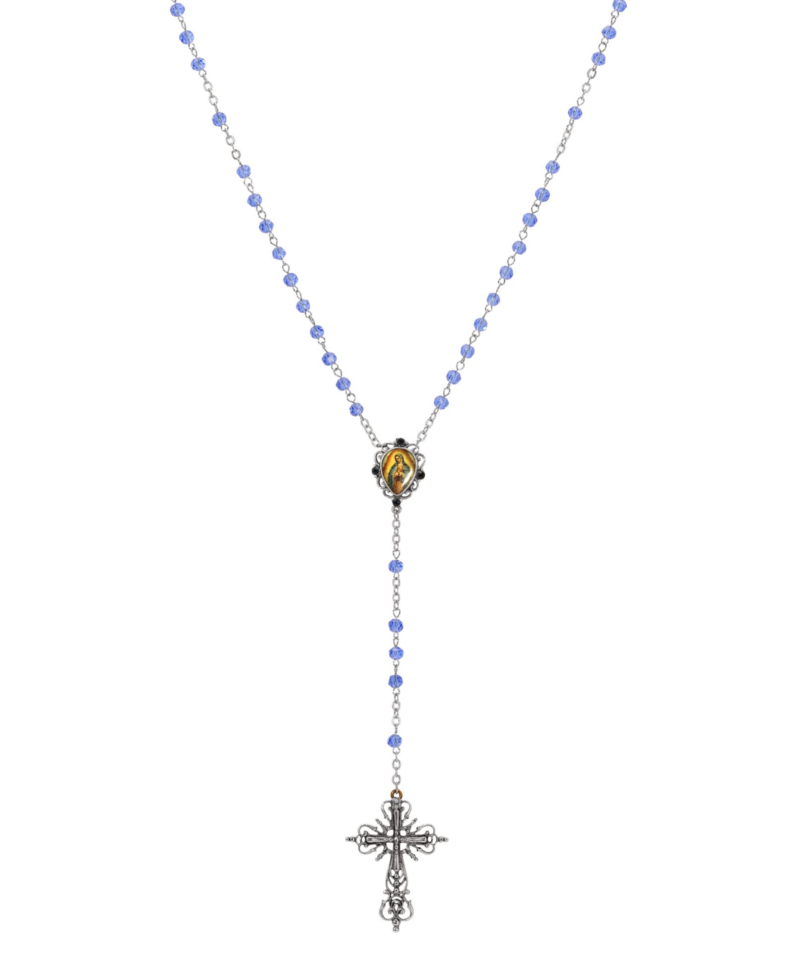 Symbols of Faith Silver-Tone Filigree Cross Lady of Guadalupe Decal Blue Beaded Chain Rosary