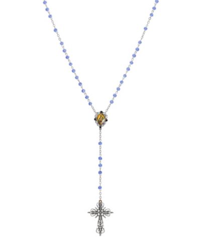Symbols of Faith Silver-Tone Filigree Cross Lady of Guadalupe Decal Blue Beaded Chain Rosary