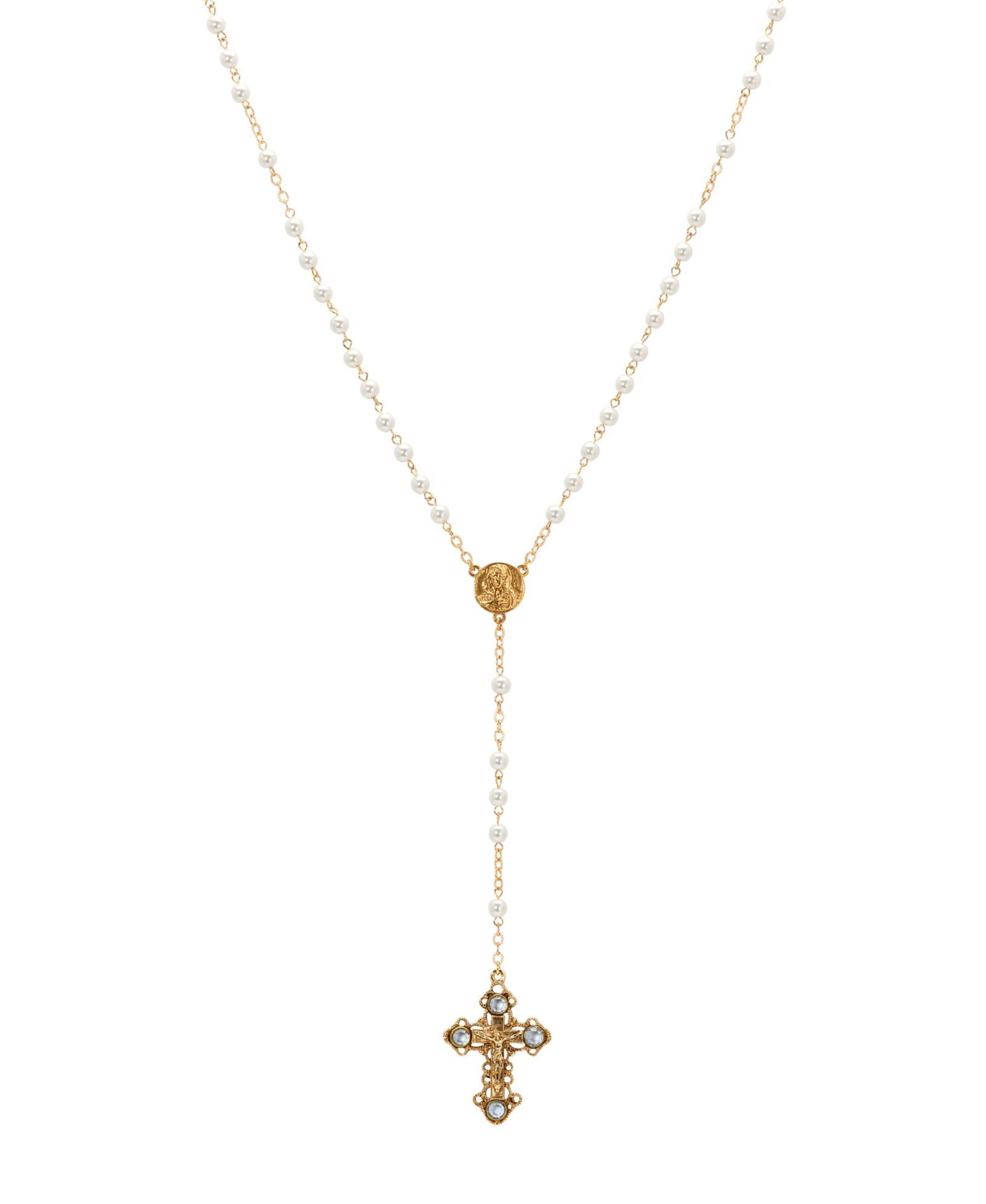 Розарий Symbols of Faith Gold-Tone Crucifix Sapphire Stones Imitation Pearl Beaded Chain