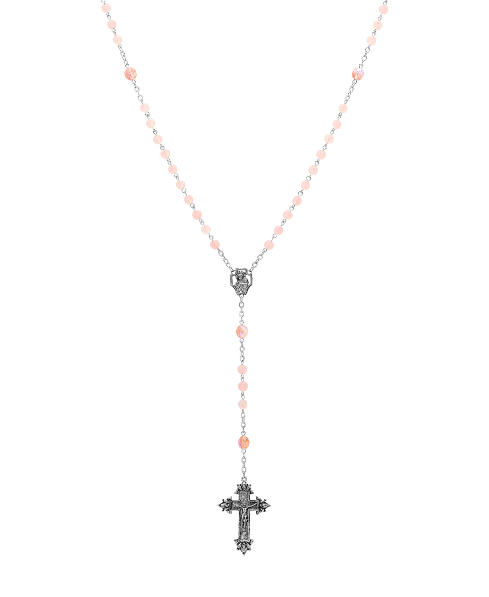 Symbols of Faith розовые бусы Rosary с крестиком Silver-Tone