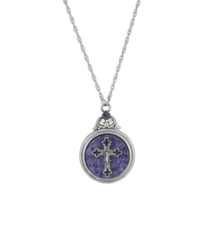 Symbols of Faith Pewter/Silver-Tone Blue and Sodalite Semi-Precious Stone Cross 28" Necklace