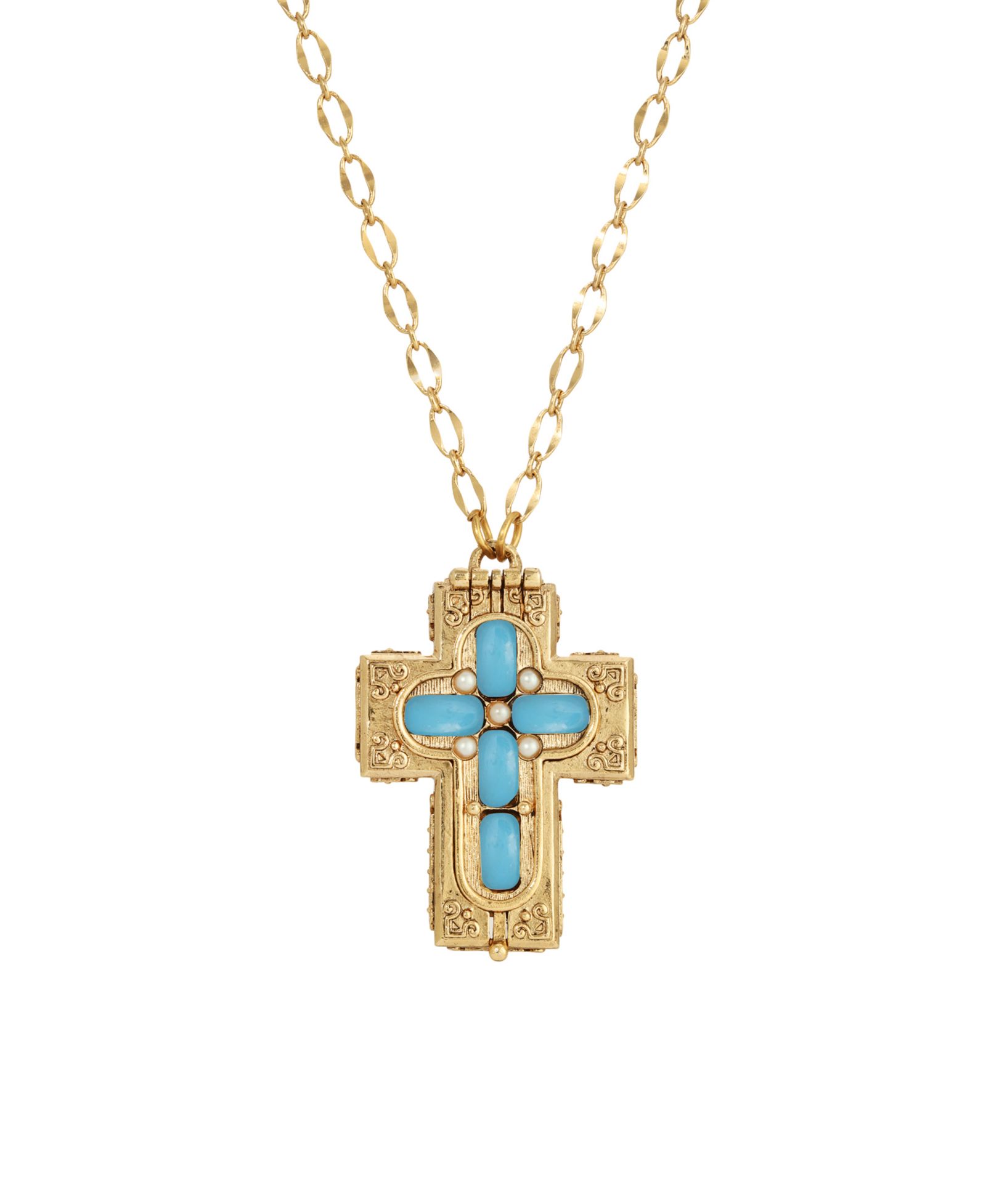 Подвеска-медальон Symbols of Faith с крестом из аквамаринового лунного камня, покрытая 14k золотом, ожерелье 32"