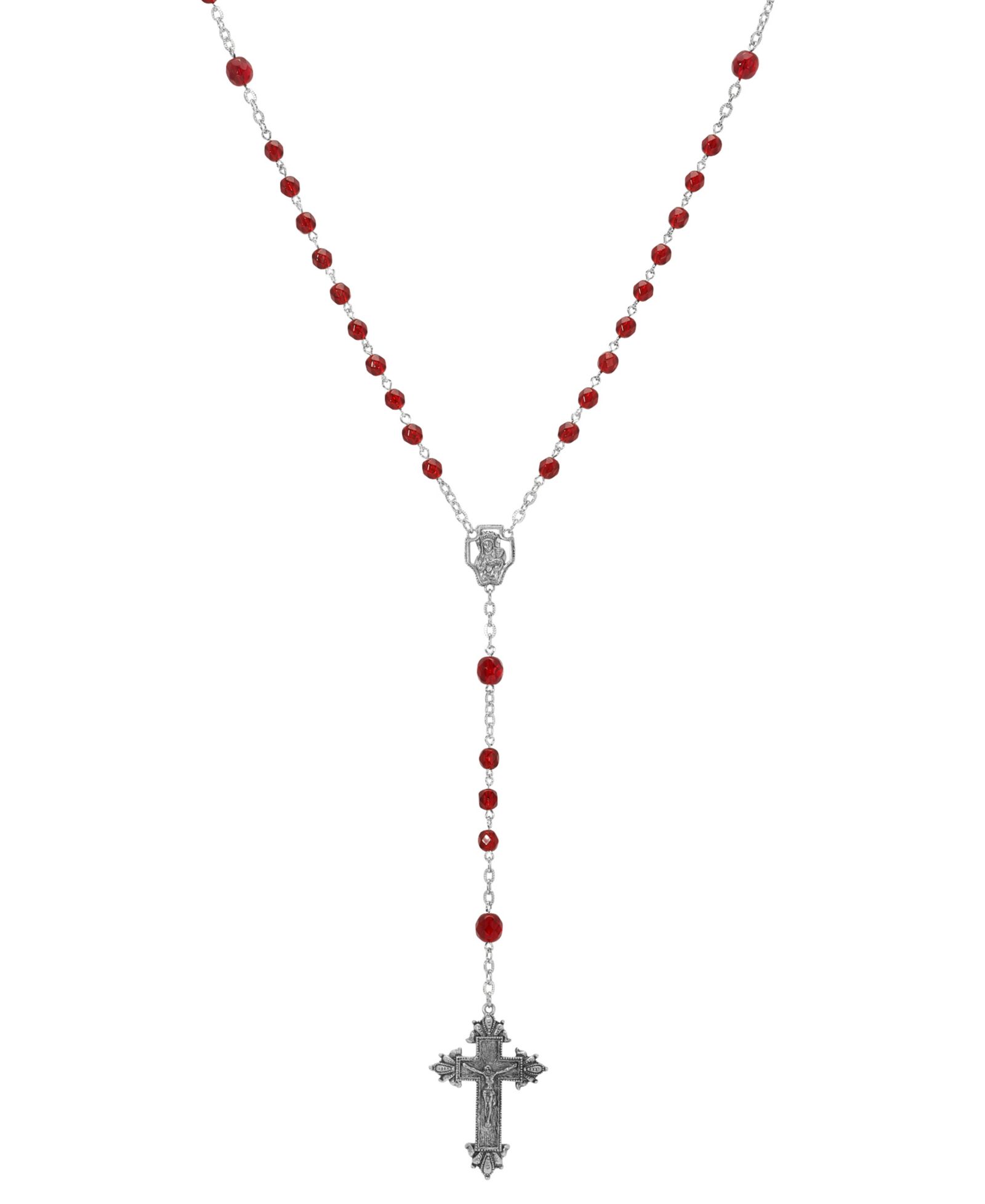 Symbols of Faith Silver-tone Dark Red Beaded Crucifix Rosary Necklace