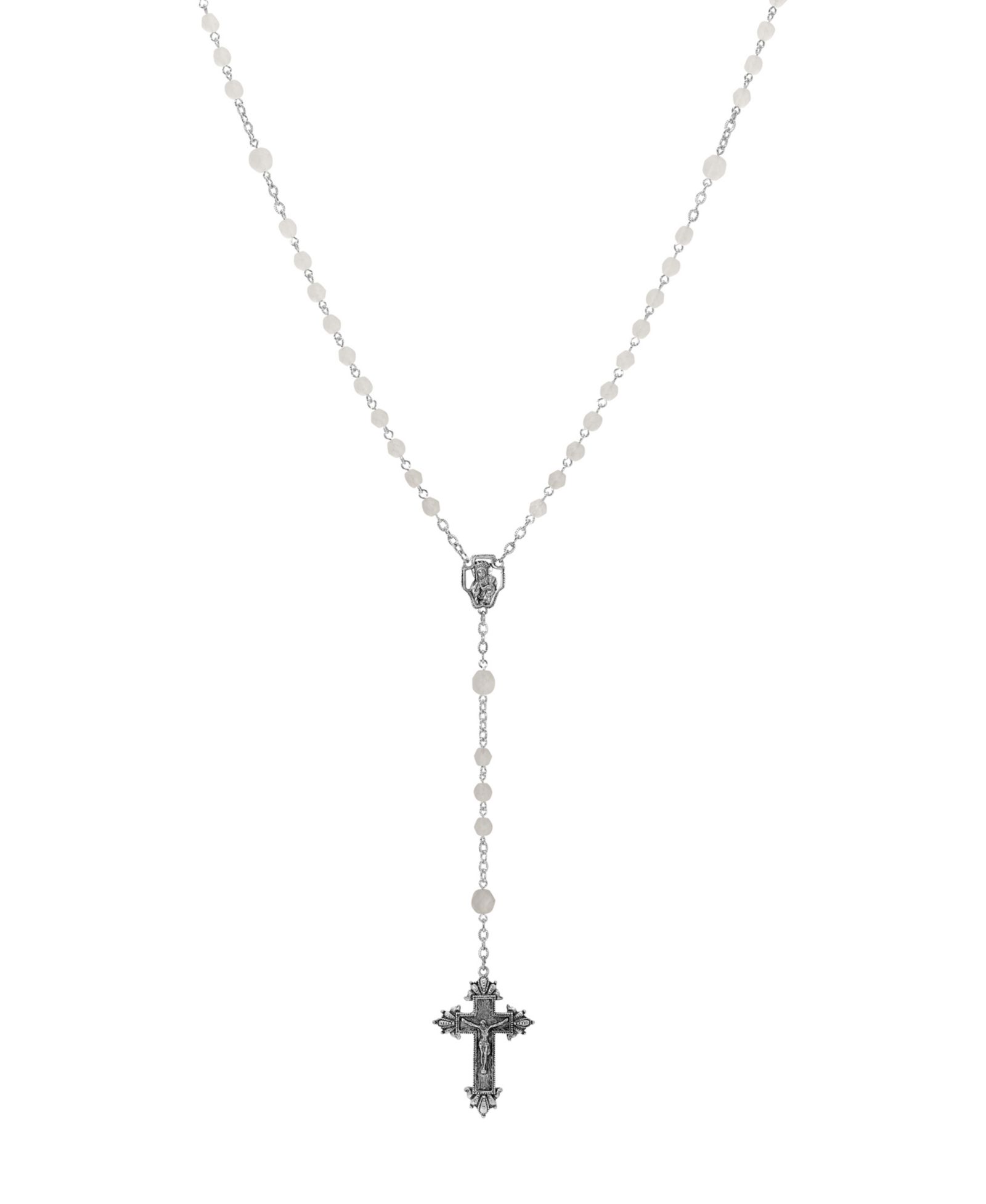 Symbols of Faith Silver-Tone Frosted Beaded Crucifix Rosary Necklace