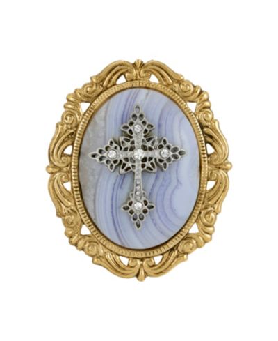 Symbols of Faith 14k Gold Dipped Blue Lace Agate Oval Brooch