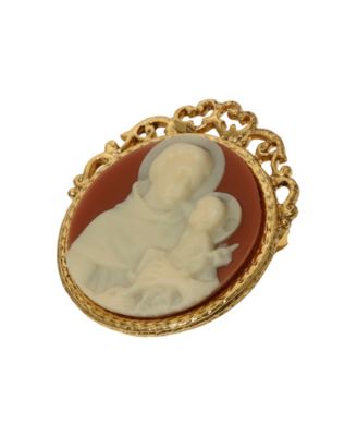 Symbols of Faith Gold Tone St. Anthony Round Pink Cameo Brooch