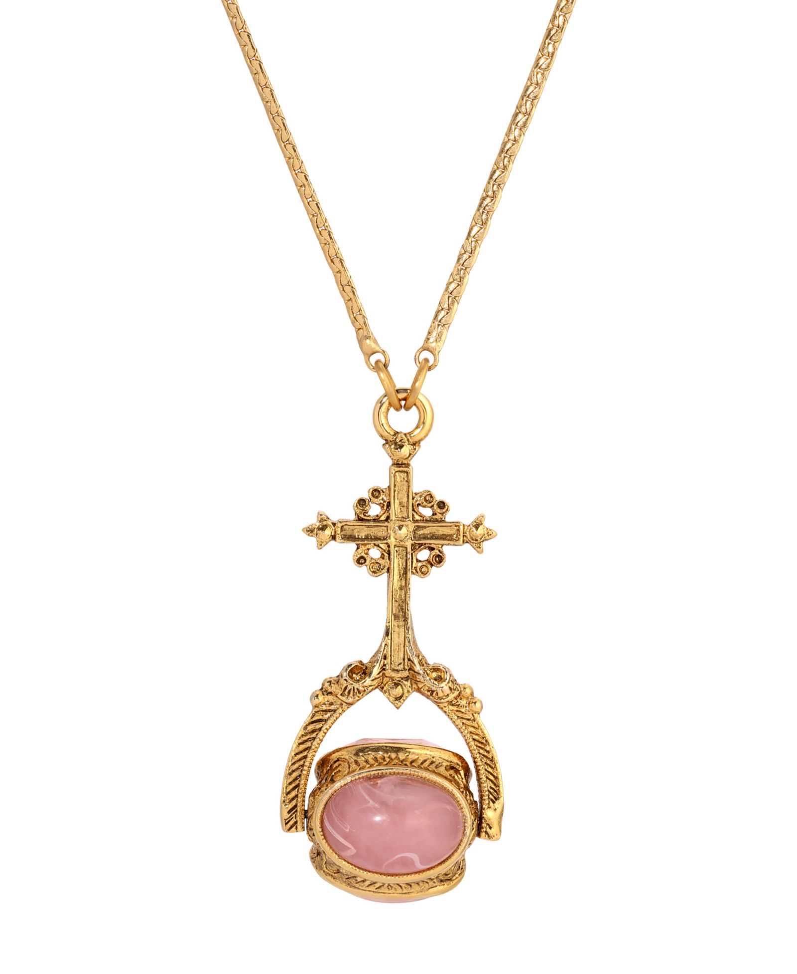 Symbols of Faith 14k Gold Dipped Cross Multi Hue Pink Stones Spinner 30" Necklace