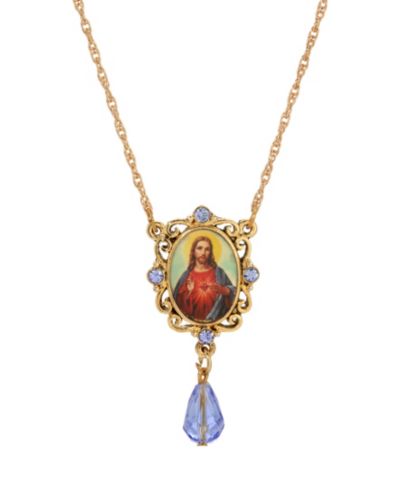 Symbols of Faith кулон Jesus Gold-Tone Oval Decal с синей бусиной 18"