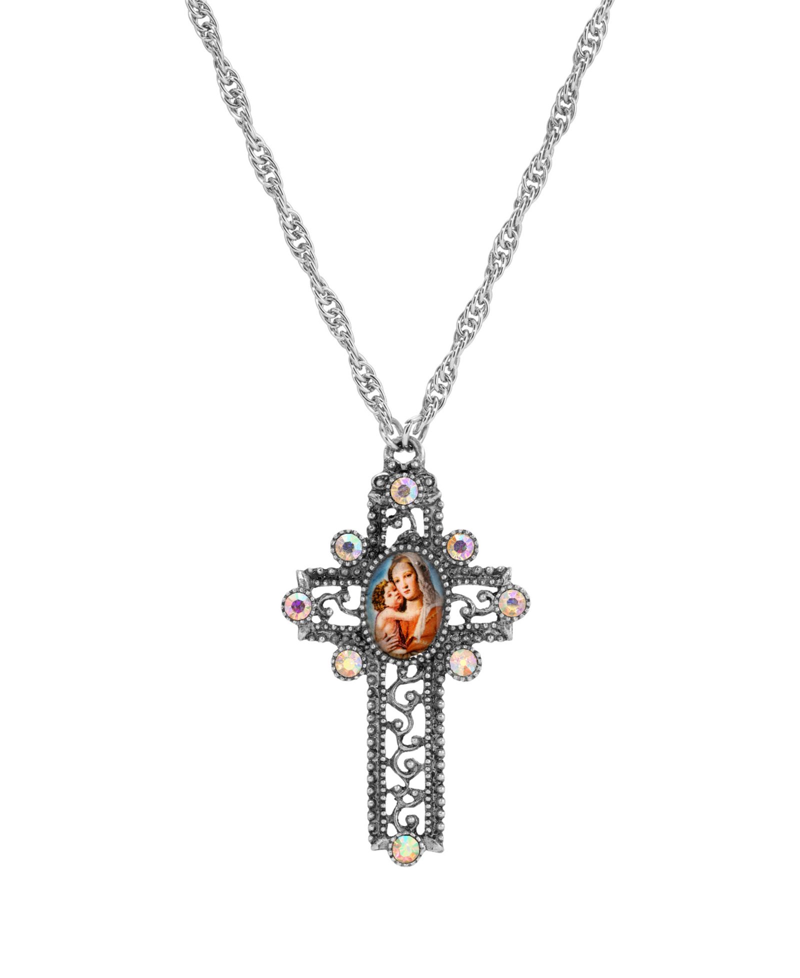 Ожерелье Symbols of Faith Silver-Tone/Pewter Mary Child Decal AB Crystal Cross 28"