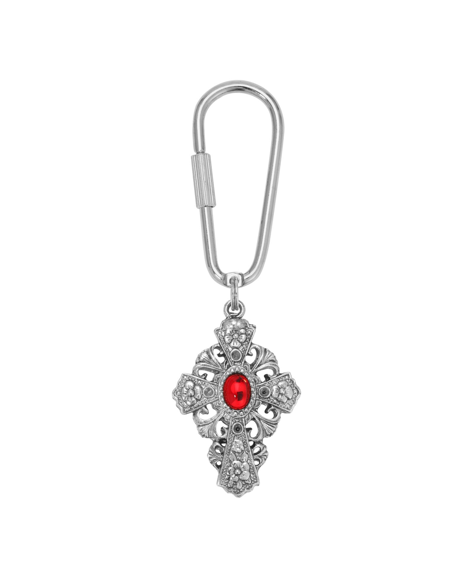 Symbols of Faith Silver Tone Cross Oval Red Stone Key Chain